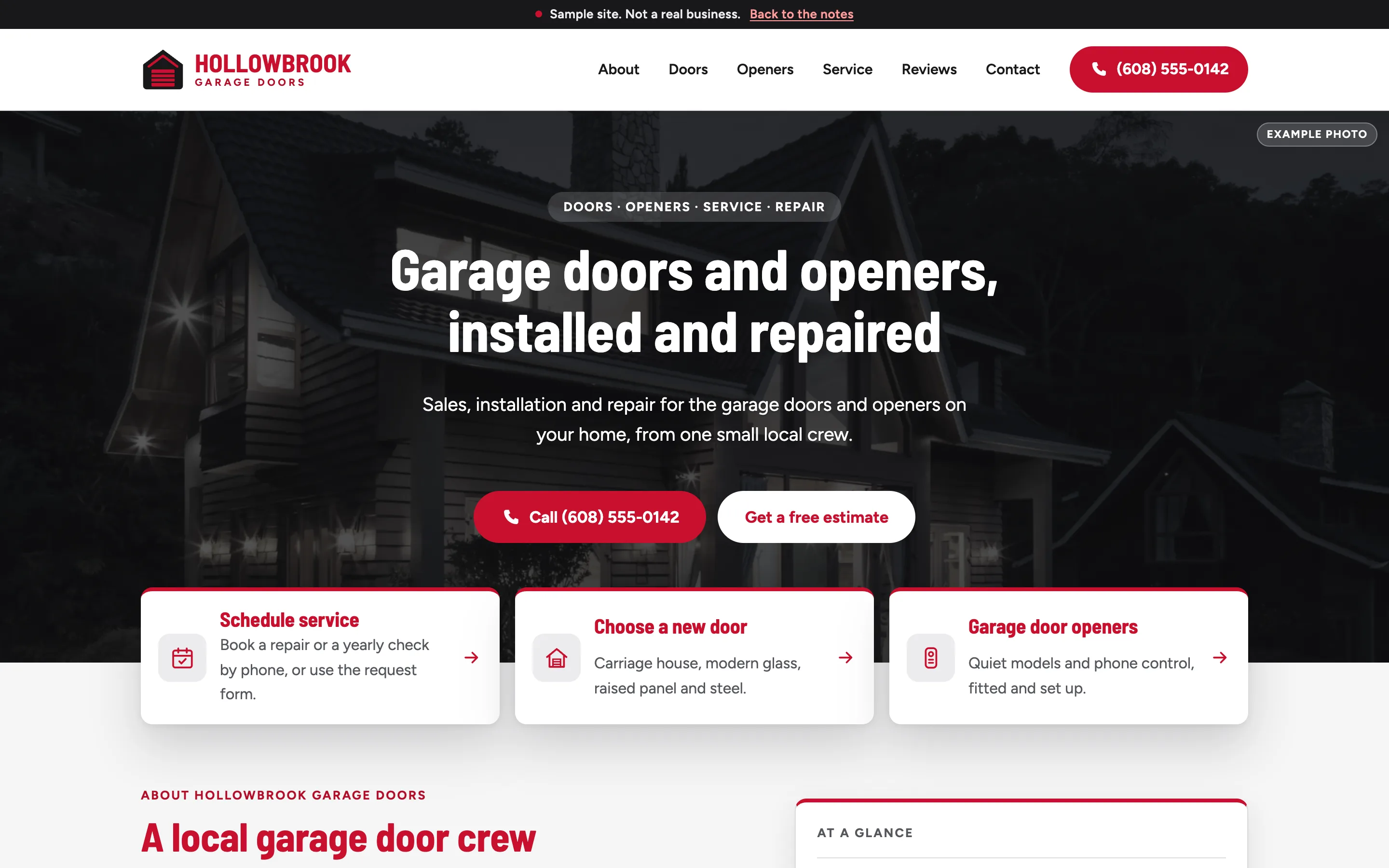 Sample layout: the top of the home page of Hollowbrook Garage Doors, a made-up business, on a computer. Opens the example page.