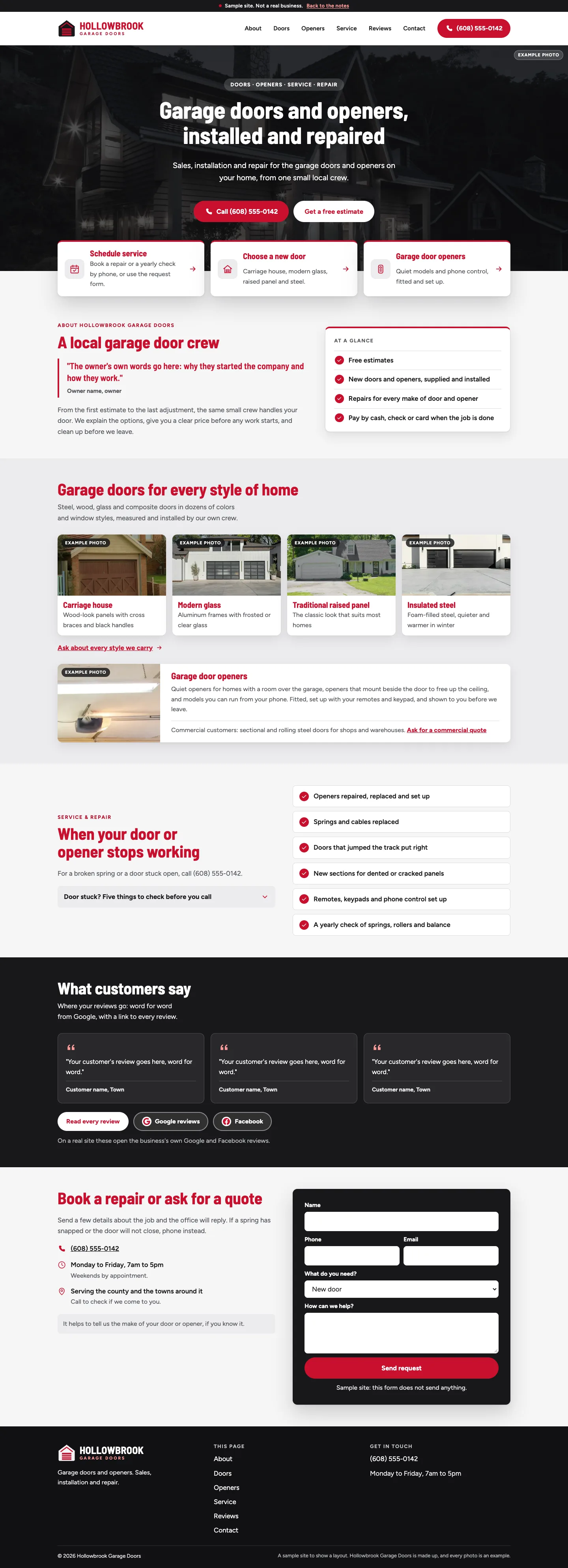 Sample layout: the whole home page of the made-up Hollowbrook Garage Doors site. Opens the example site.